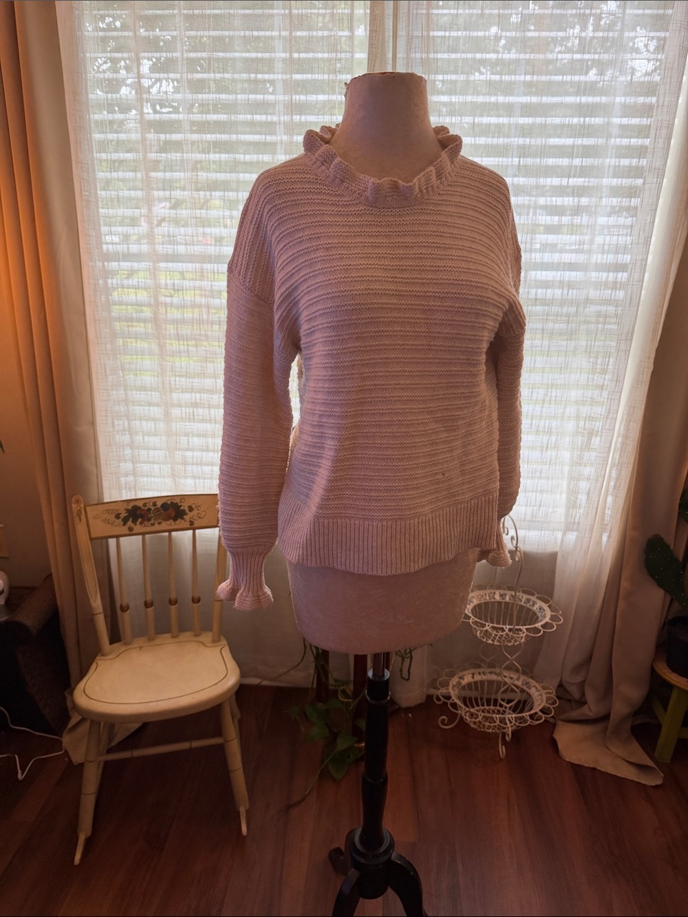 Madewell Ruffle-Neck Pullover Sweater Cream Cotton Merino Wool Blend